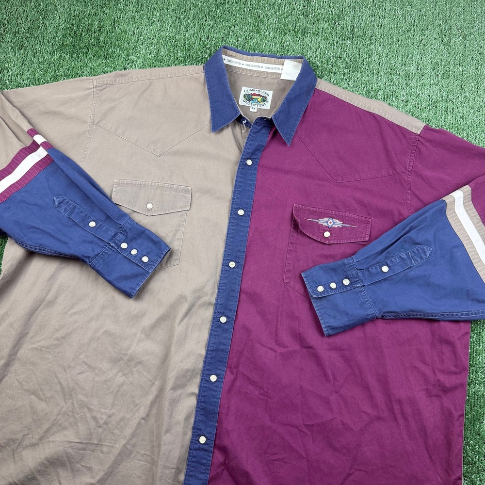 Cumberland Outfitters Mens 3X Western Colorblock Snap Front Shirt Khaki Burgundy